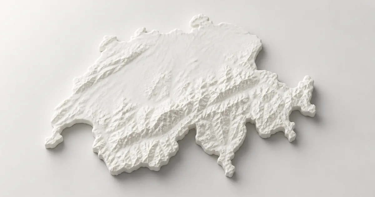 Relief of Switzerland in matte white ceramic on a light background